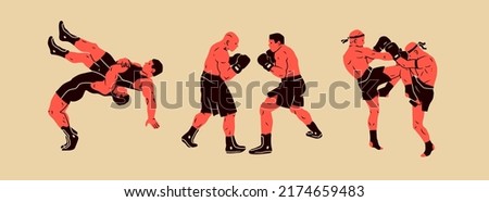Wrestlers, boxers, muai thai fighters. Boxing, sports, workout, martial arts, mixed fight, mma concept. Cartoon style. Hand drawn modern Vector illustration. Logo, print, poster, design templates Royalty-Free Stock Photo #2174659483