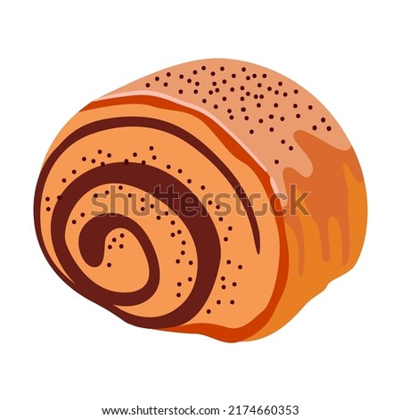 Twisted bun with poppy seeds. Bread assortment flat icon. Cartoon bun, pretzel, cakes, baguette, bagel, whole grain bread isolated vector illustration. Bakery concept Royalty-Free Stock Photo #2174660353