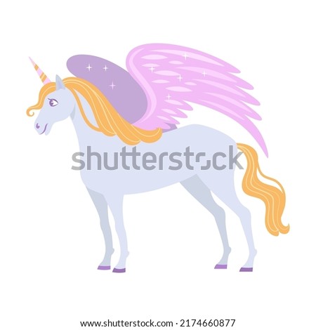 Mythical creature pegasus unicorn flat vector illustration. Fantasy characters, centaur, harpy, dragon, mermaid, Pegasus, griffin isolated on white