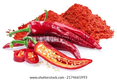 Fresh red chilli peppers, cross section of chilli pepper and ground cayenne pepper with seeds isolated on white background. Royalty-Free Stock Photo #2174665993