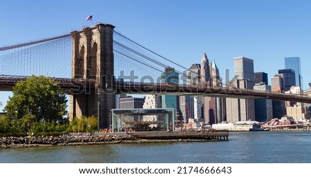 View of the Brooklyn Bridge with lower Manhattan in the distance
