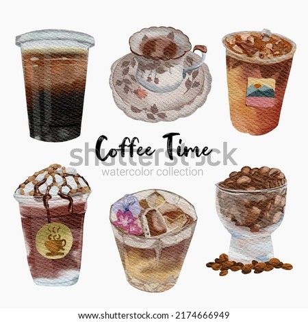 Set of cold Beverages for Cafeteria and restaurant Menu in glass and plastic cup. Non-alcoholic beverages. Healthy lifestyles.