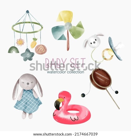 Set of Separate parts and bring together to beautiful clothes, baby items and toy in water color style on white background, Watercolor vector illustration