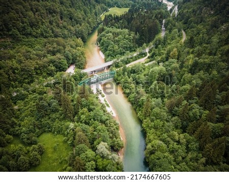 Aerial view of two bridges over river Sava near Bohinj in Slovenia Royalty-Free Stock Photo #2174667605