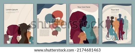 Silhouette group multicultural men and women of diverse cultures. Diversity people. Concept of racial equality and anti-racism. Set poster. Cover template. Brochure leaflet copy space Royalty-Free Stock Photo #2174681463
