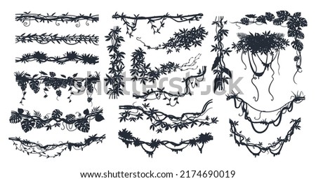 Cartoon jungle lianas branches silhouette, tropical forest climbing sprouts. Rainforest garden hanging liana vines elements vector illustration set. Liana plants black silhouettes Royalty-Free Stock Photo #2174690019