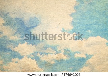 retro sky painting pattern on old paper texture. vintage watercolor clouds. Royalty-Free Stock Photo #2174693001