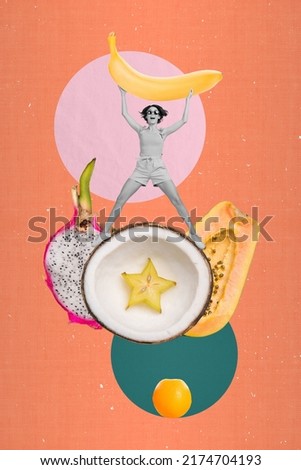 Vertical collage picture of excited girl black white colors hold banana standing exotic fruits isolated on creative background