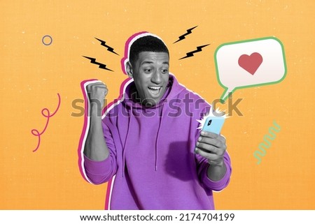 Collage photo of delighted person black white colors hold use telephone raise fist success achievement new like doodle