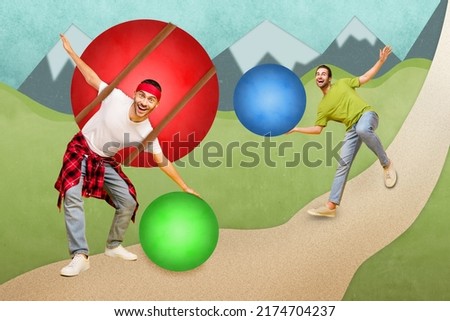 Photo cartoon comics sketch collage of funny funky men walking mountains route holding colorful circles isolated colorful background
