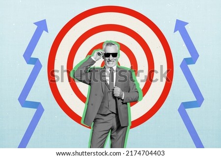 Composite collage portrait of successful aged business person touch sunglass isolated on growth arrows target background