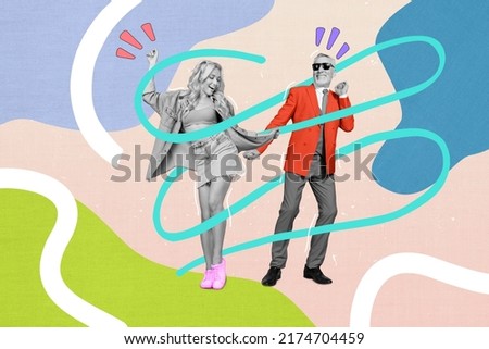 Collage photo of black white wealthy couple surrounded by lines have fun in nightclub together isolated on colorful background