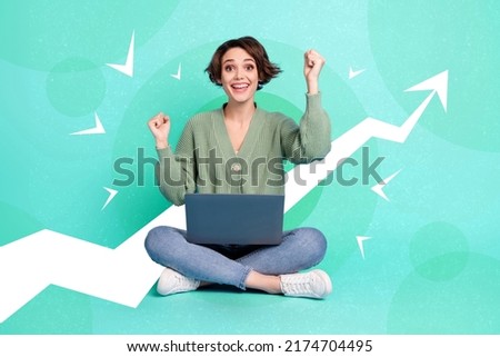 Composite collage portrait of overjoyed delighted girl raise fists celebrate attainment use wireless netbook painted growth arrow