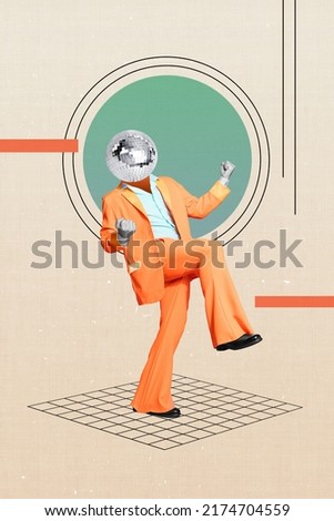 Collage photo of crazy energetic dancing disco ball man enjoy retro style party isolated on pastel geometry pattern background Royalty-Free Stock Photo #2174704559