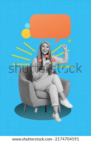 Creative template graphics collage of black white visual effect lady typing modern device cloud empty space isolated blue background