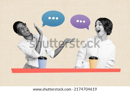 Photo of two black and white best friends chatting have break from work go to cafe drink latte isolated on pastel background