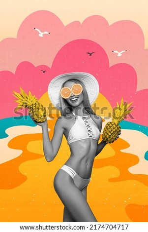 Vertical collage picture of positive person orange instead eyes hands hold two pineapple isolated on colorful drawing background