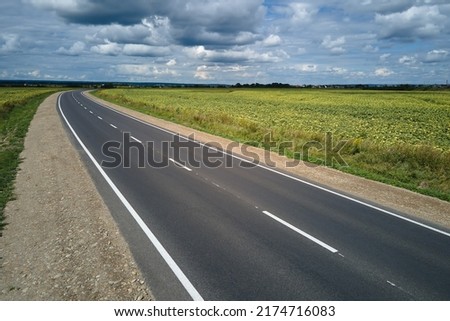 Aerial view of empty intercity road between green agricultural fields. Top view from drone of highway roadway Royalty-Free Stock Photo #2174716083
