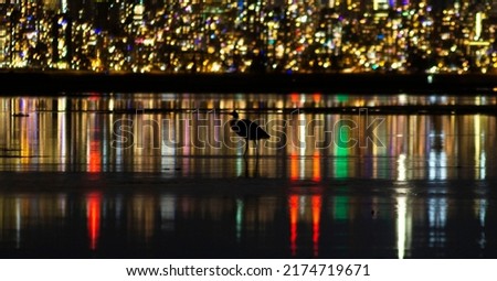 A heron stands in the water in front of a lit up downtown Vancouver during a winter night.