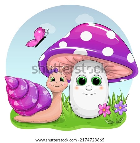 Cute cartoon snail and mushroom.  Vector illustration of nature.