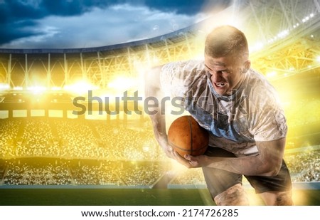 Rugby football man player holds ball. Sports banner. Horizontal copy space background