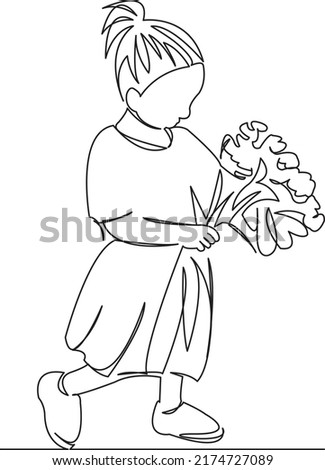One continuous single drawing line art flat doodle flower, beautiful, girl, bouquet, happy, love. Isolated image hand draw contour on a white background
