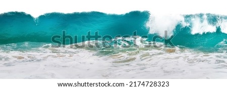 Powerful ocean blue waves with white foam isolated on a white background. Banner format.