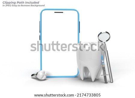 3D Render Dental Tooth with Blank Screen Mobile Mockup Pen Tool Created Clipping Path Included in JPEG Easy to Composite.