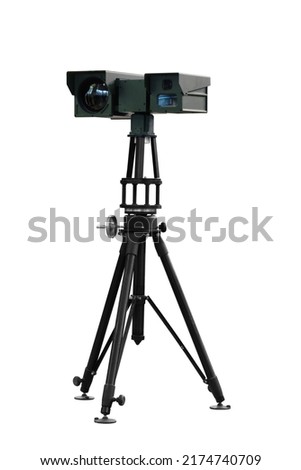 Covert video surveillance. CCTV security camera or radar for monitoring the speed on white. Video equipment for safety system area control outdoor, technology concept. Royalty-Free Stock Photo #2174740709