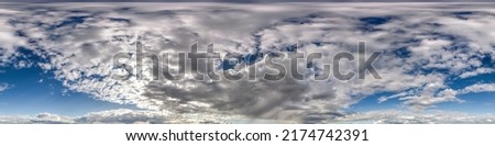 Seamless overcast blue sky hdri panorama 360 degrees angle view with zenith and beautiful clouds for use in 3d graphics as sky replacement and sky dome or edit drone shot	 Royalty-Free Stock Photo #2174742391