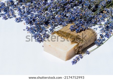 Beautiful painting with soap and fragrant lavender flowers for a healthy and clean body