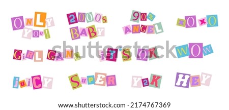 Anonymous colorful letters cut from magazines. Clipping alphabet in y2k style. Social media, web design. Poster, banner, greeting card. Cute vector illustration isolated on white background Royalty-Free Stock Photo #2174767369