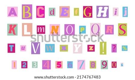 Anonymous colorful letters cut from magazines. Clipping alphabet in y2k style. Social media, web design, Poster, banner, greeting card. Cute vector illustration isolated on white background Royalty-Free Stock Photo #2174767483