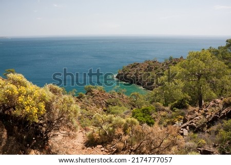 Beautiful seascape. View of Mediterranean Sea from a hilltop. Postcard with a view of calm sea in clear weather. Hike along Lycian Way, Antalya, Kemer, Turkey. Spring