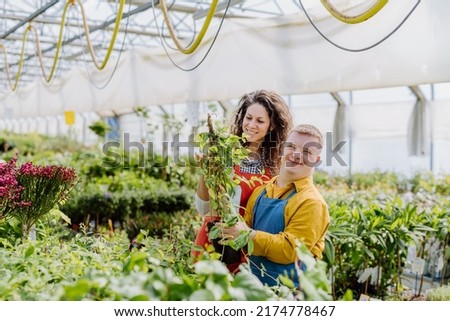 Experienced woman florist helping young employee with Down syndrome in garden centre. Royalty-Free Stock Photo #2174778467