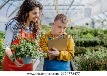 Experienced woman florist helping young employee with Down syndrome to check flowers on tablet in garden centre. Royalty-Free Stock Photo #2174778477
