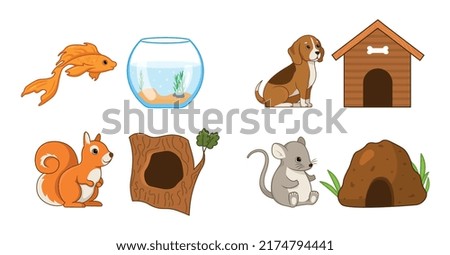 Animals with their houses set. Fish, dog, squirrel and mouse near their habitats. Wooden house, hollow, burrow and aquarium with water. Cartoon flat vector illustrations isolated on white background