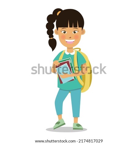 happy smart little asian girl kid child school girl with her books and a school bag