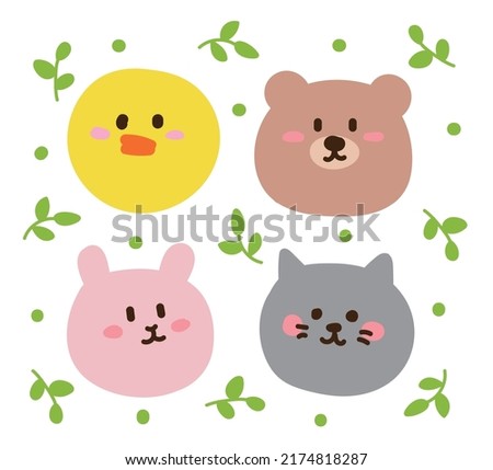 Hand drawn cute animal character illustration set. Chick, bear, rabbit, cat.