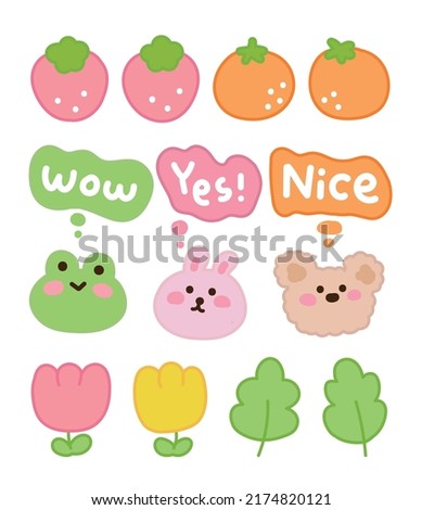 Hand drawn cute animal character illustration set. Frog, rabbit, puppy, strawberry, orange, flower, leaf collection.