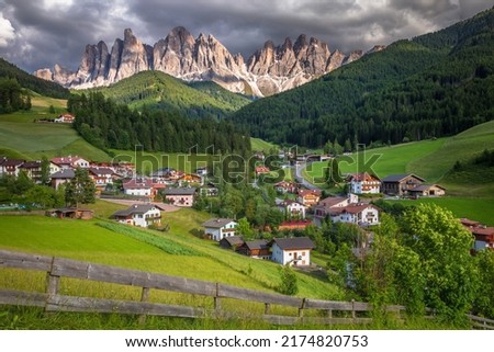 St. Magdalena village in Funes Valley, Dolomites, Northern Italy Royalty-Free Stock Photo #2174820753