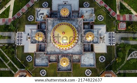 Aerial view of Madaniah mosque, Islamic center mosque in the afternoon. Drone view of wonderful architecture of Madaniah mosque at asr prayer time in Pasangkayu regency, West Sulawesi, Indonesia.