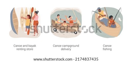 Lake canoeing isolated cartoon vector illustration set. Canoe renting store, kayak rental service, campground delivery, father and son sitting fishing, family summer vacation vector cartoon.