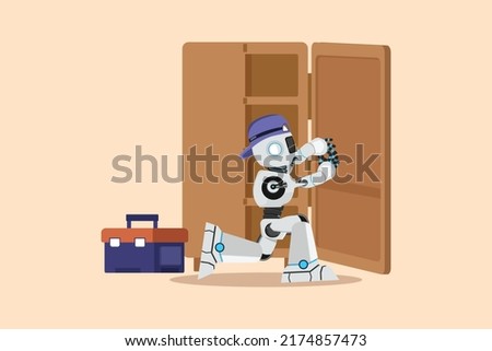 Business design drawing robot maker or constructions of wood home furniture. Robot carpenter assembling of wardrobe or cabinet with shelves. Future technology. Flat cartoon style vector illustration