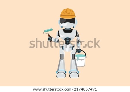 Business flat drawing robot repairman standing and holding roller and bucket of paint, home repairs, painting walls in house. Humanoid robot cybernetic organism. Cartoon design vector illustration