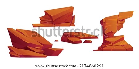 Desert stones, rock elements of mountains, cliff or canyon in Africa, Mexico, Arizona or Texas. Vector cartoon set of brown orange rubbles, rough boulders, sandstone isolated on white background Royalty-Free Stock Photo #2174860261