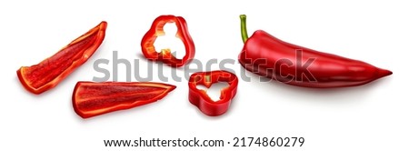 Red chili pepper, hot spicy plant pod, paprika cayenne with green stem vector realistic illustration isolated on white background. Chopped ripe vegetable with shadow Royalty-Free Stock Photo #2174860279