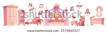 Pink bedroom, princess room furniture. Luxury interior elements, romantic vintage bed with canopy, floor lamp, wardrobe, mirror, table and armchair with chest of drawers, isolated cartoon vector set