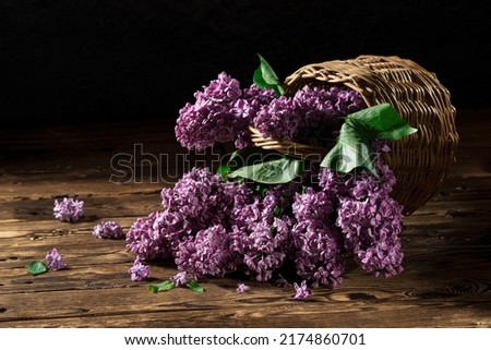 Bunch of lilac flowers in a basket. Still life with a luxurious bouquet. Bouquet of purple lilac flowers. Spring flowers poster, greeting card
