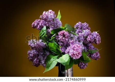 Still life with a luxurious bouquet. Bouquet of purple lilac flowers. Spring flowers poster, greeting card. Bunch of lilac flowers